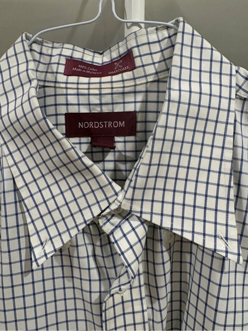 Nordstrom Men's White Shirt with Blue Windowpane Grid. Dry clean only.